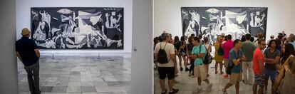 A la izquierda, un visitante observa el Guernica el pasado 10 de septiembre y, a la derecha, visitantes en julio de 2015.