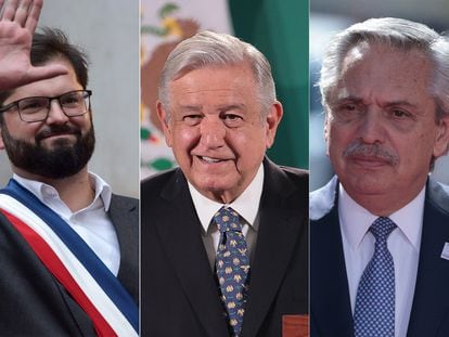Los presidentes de Chile, México y Argentina: Gabriel Boric, Andrés Manuel López Obrador y Alberto Fernández.