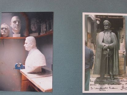 Fotografías de un busto y la estatua de Augusto Pinochet diseñadas por el escultor Galvarino Ponce.