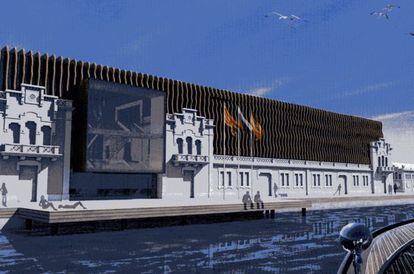 Recreaci&oacute;n de la fachada mar&iacute;tima del proyecto del Hermitage en la Barceloneta