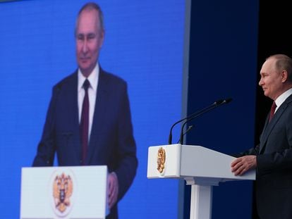 El presidente ruso, Vladímir Putin, durante una intervención en el Palacio Estatal del Kremlin, el miércoles.