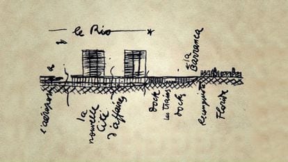 One of Le Corbusier's drawings projecting the modernization of Buenos Aires, seen from the La Pata river.