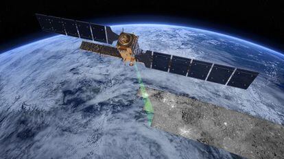 Ilustraci&oacute;n del sat&eacute;lite europeo `Sentinel 1`, haciendo el barrido de radar sobre la superficie terrestre.