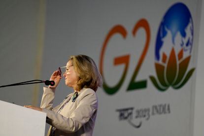 La ministra de Asuntos Económicos, Nadia Calviño, este sábado en Bangalore (India).