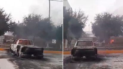 Vehículos de emergencia incendiados frente al Palacio Municipal de Doctor Coss, en Nuevo León, el 27 de febrero.