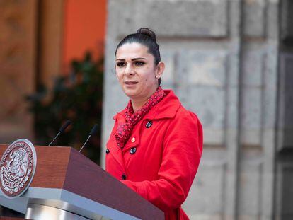Imagen de archivo de Ana Guevara durante una conferencia matutina de Presidencia.