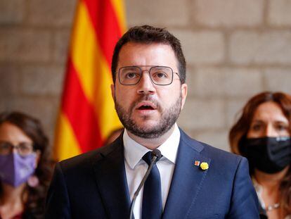 El presidente de la Generalitat, Pere Aragonès, en una conferencia de prensa, en el Palau de la Generalitat, en septiembre de 2021.