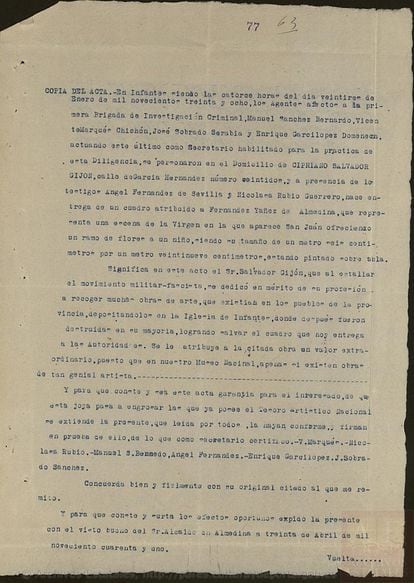 Acta de 1938 que reconoce la custodia y protección del cuadro.