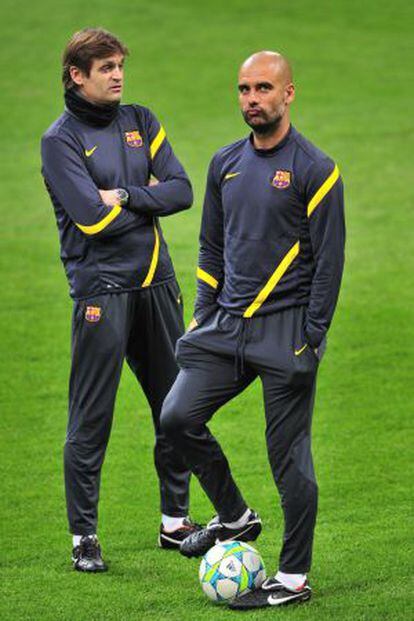 Vilanova y Guardiola, durante un entrenamiento de esta temporada.