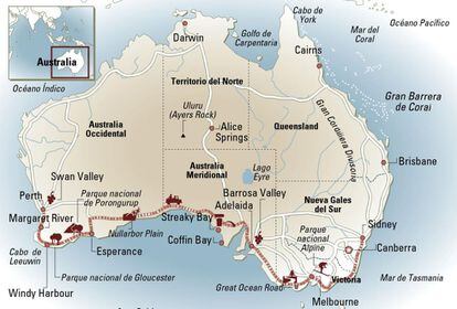 Mapa de Australia con la ruta marcada entre Perth y Sídney (7.200 kilómetros).