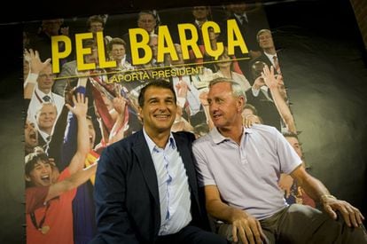 Joan Laporta amb l'exjugador barcelonista, Johan Cruyff, al juny del 2015.