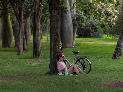Una mujer lee un libro en un parque de Valencia.