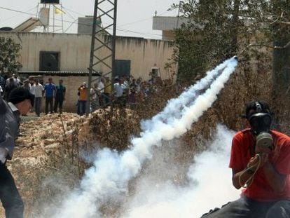 Varios palestinos protestan bajo el gas lacrimógeno por la expropiación de tierras para una colonia cerca de Nablus.