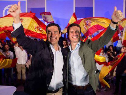 El presidente del PP, Pablo Casado, y el candidato a la Junta de Andalucía, Juan Manuel Moreno, el pasado domingo en Málaga / En vídeo, declaraciones de Pablo Casado
