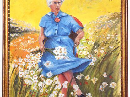 Título: 'Lucy in the Field with Flowers', pintor: desconocido, 30x24 óleo sobre lienzo, rescatado de la basura en Boston, MA. Esta fue la primera obra del MOBA. El movimiento, la silla, la influencia de su pecho, los matices sutiles del cielo, la expresión de su rostro; cada detalle grita 'obra maestra'.