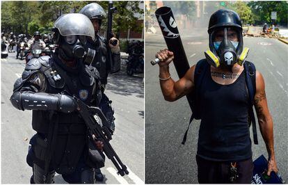 Combo de dos imágenes, la de un policía antidisturbios (i) y la de un manifestante (d ), durante los enfrentamientos ocurridos en Caracas contra el presidente Nicolás Maduro.