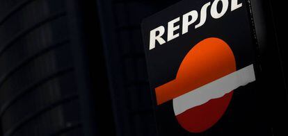 FILE PHOTO: The logo of Spanish energy company Repsol is seen outside a gas station in Madrid