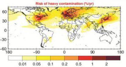 Mapa de riesgo global de contaminación radiactiva grave.