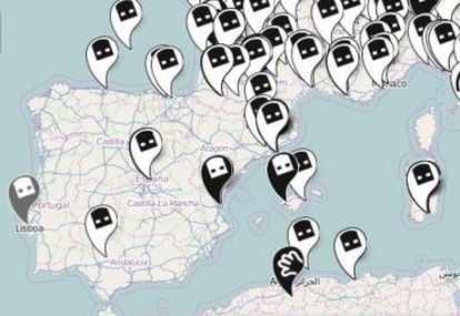 Mapa de Dead Drops colocados en España.