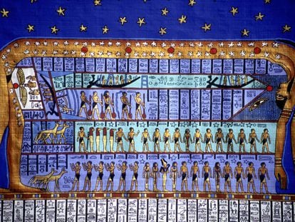 La diosa Nut se dobla para crear el cielo. Copia de papiro basada en la decoración del templo egipcio de Dendera.