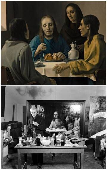 Arriba, 'La cena de Emaús', cuadro atribuido a Johannes Vermeer. Abajo, uno de los grandes falsificadores de la historia, el holandés Han van Meegeren, en su taller, en 1945.