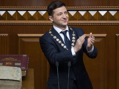 Zelenski, en el Parlamento de Kiev durante su discurso inaugural, el 20 de mayo de 2019.