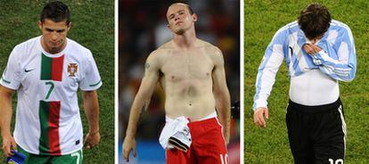 Cristiano Ronaldo, Rooney y Messi se retiran cariacontecidos tras las eliminaciones de sus respectivas selecciones.