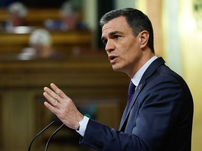 Pedro Sánchez interviene durante el debate de la moción de censura que impulsó Vox, con Ramón Tamames como candidato, el pasado 22 de marzo.