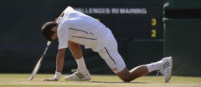 Djokovic cae al suelo durante un momento del partido