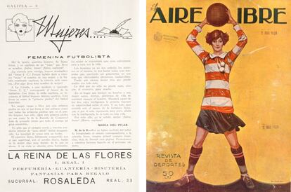 A la izquierda, artículo titulado “Femenina Futbolista” publicado en 'Galicia: revista gráfica y popular' el 2 de febrero de 1925). A la derecha, portada de la revista 'Aire Libre' del 3 de marzo de 1925.