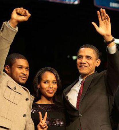 El cantante Usher y Kerry Washington, con Obama. 