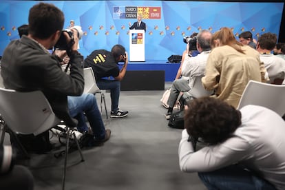 El secretario General de la OTAN, Jens Stoltenberg, durante su intervención en la rueda de prensa en la segunda y última jornada de la Cumbre de la OTAN 2022.