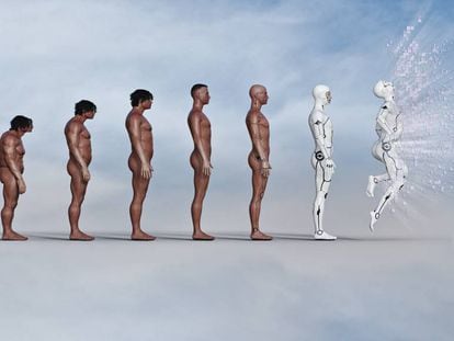 Evolución del hombre desde el hombre de las cavernas hasta el robot explosivo.