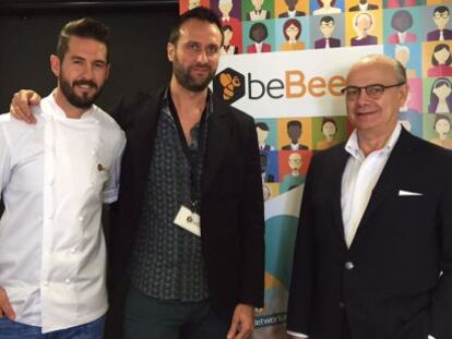 El ex concursante de Top Chef, Javier Peña; el director general de beBee, Javier Cámara, y el inversor Eduardo Díez-Hochleitner.