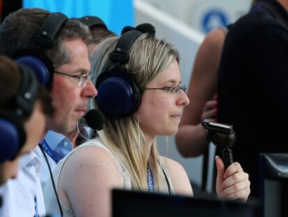 La comentarista de fútbol Vicki Sparks durante el Mundial.