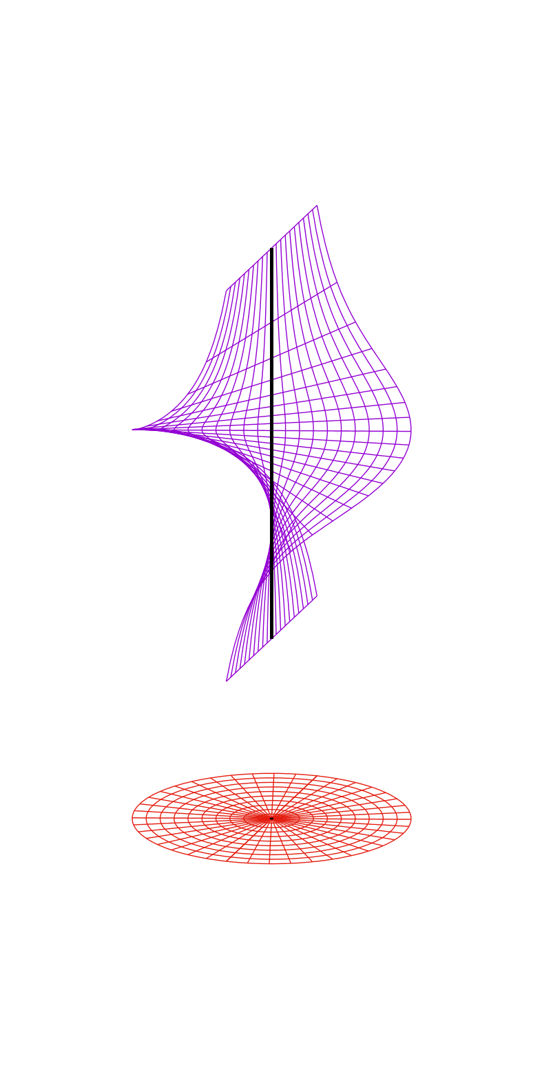 Aspecto local de una transformación de Cremona (z=y/x), el punto central (abajo) se transforma en la recta vertical (arriba).