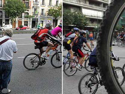 A la izquierda, un viajero observa el paso de los ciclistas. Un grupo de deportistas pasa por la calle de O'Donnell.