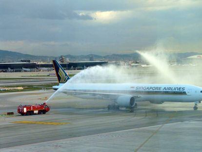 Vuelo inaugural de la ruta Barcelona - Sao Paulo de Singapore Airlines