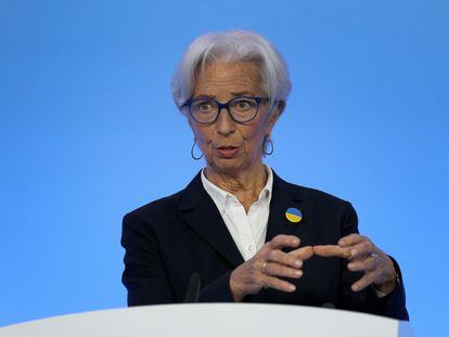 La presidenta del BCE, Christine Lagarde, durante una conferencia en Fráncfort, el 10 de marzo.