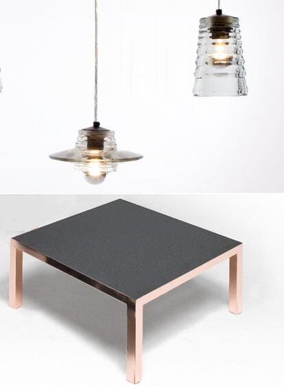 Arriba, dos modelos de la serie de lámparas <i>Pressed glass</i>. Abajo, una <i>coffee table</i>.