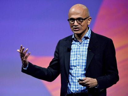 Microsoft Corporation chief executive Satya Nadella speaks during the VivaTech (Viva Technology) trade fair in Paris, on May 24, 2018. 
  / AFP PHOTO / GERARD JULIEN