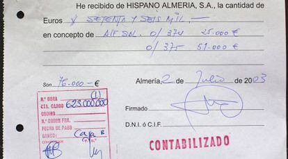 Uno de los cheques de Hispano Almer&iacute;a a nombre de Alfonso Salmer&oacute;n.