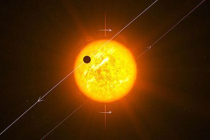 Ilustración del exoplaneta Wasp 8B que gira alrededor de su estrella en sentido opuesto a la rotación de ésta
