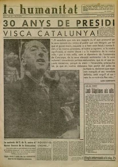 Portada del diari 'La humanitat' del 6 de juny de 1935, amb la condemna a Lluís Companys i el Govern de la Generalitat.