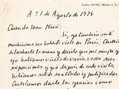 Carta inèdita d'Octavio Paz a Joan Miró, de 1974.