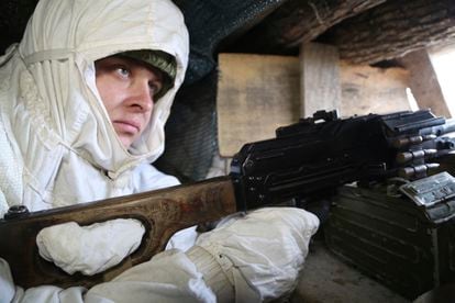 A fighter from the self-proclaimed Republic of Donetsk, on Friday in a trench near the town of Yasne.