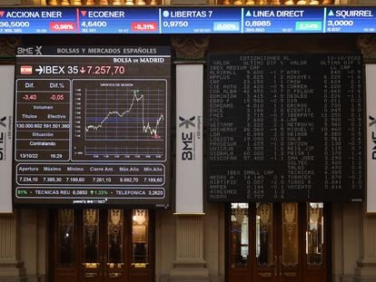 Un panel del Ibex 35 en el Palacio de la Bolsa, el jueves en Madrid.