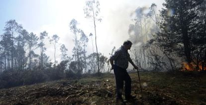 Un hombre camina cerca de las llamas en su finca en A Capela.