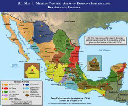 Mapa de los territorios de los cárteles mexicanos de la droga.