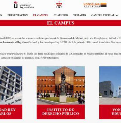 Página web del máster en márketing político en la que solo aparecen fotos del campus de la Universidad Rey Juan Carlos, aunque se imparte en un piso del centro de Madrid.